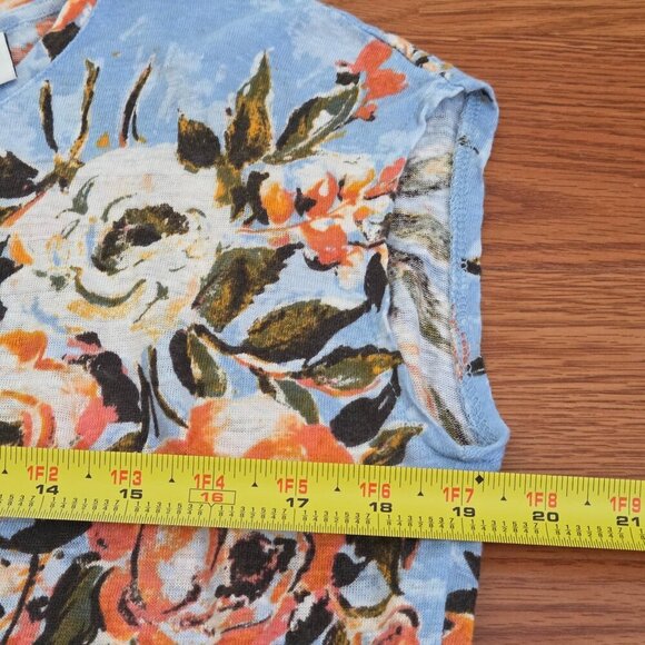 Joie Top Womens Large Blue Floral Linen Short Sleeve Casual Beachy Button Back - Picture 7 of 12